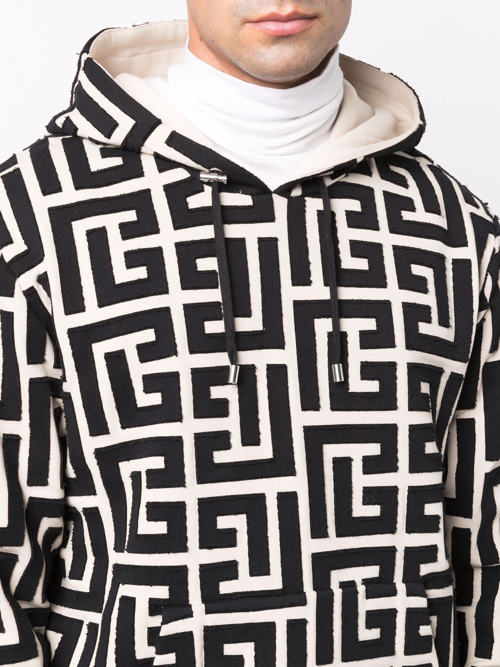 BALMAIN Men's Ivory and Black Monogram Cut Hoodie for SS22