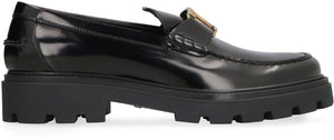 TOD'S Men's Black Leather Monogram Loafers with Ridged Sole and Gold Logo