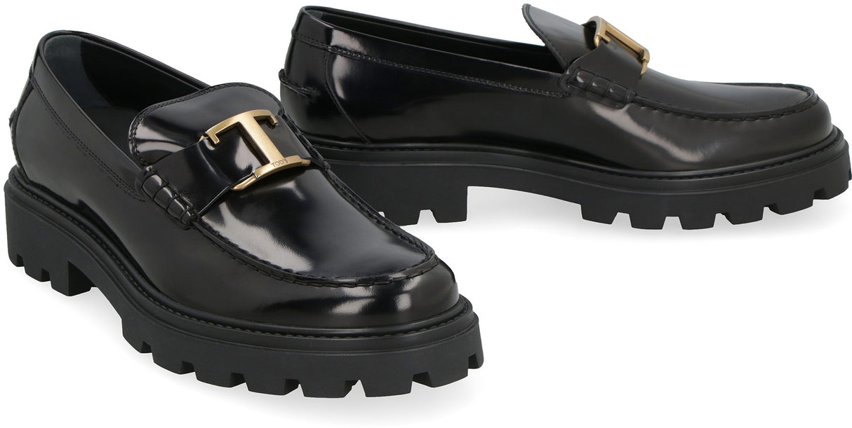 TOD'S Men's Black Leather Monogram Loafers with Ridged Sole and Gold Logo