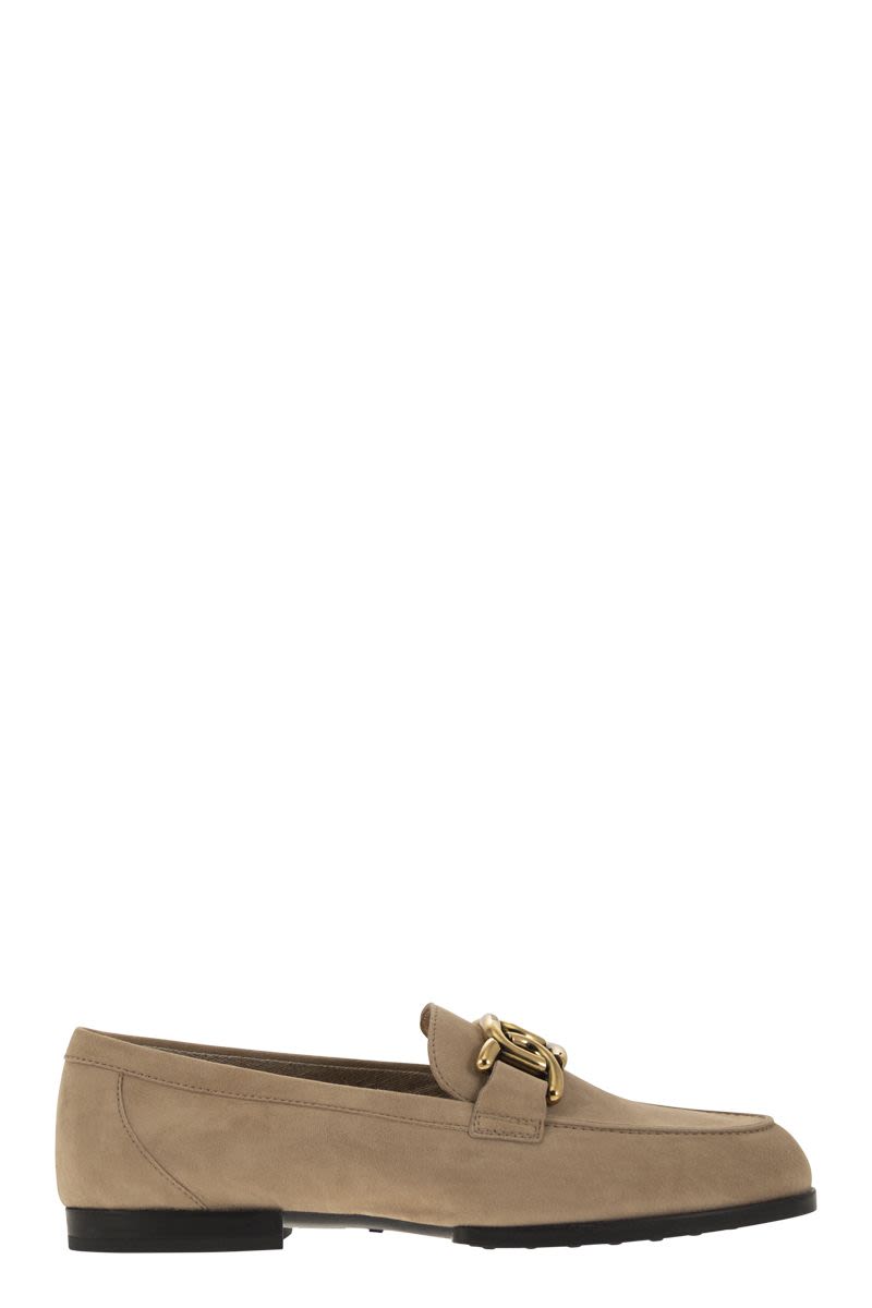 TOD'S Beige Suede Moccasins with Custom Metal Chain Accessory - Women's Shoes