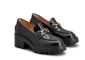 TOD'S Women's Classic Black Leather Block Heel Slip-Ons