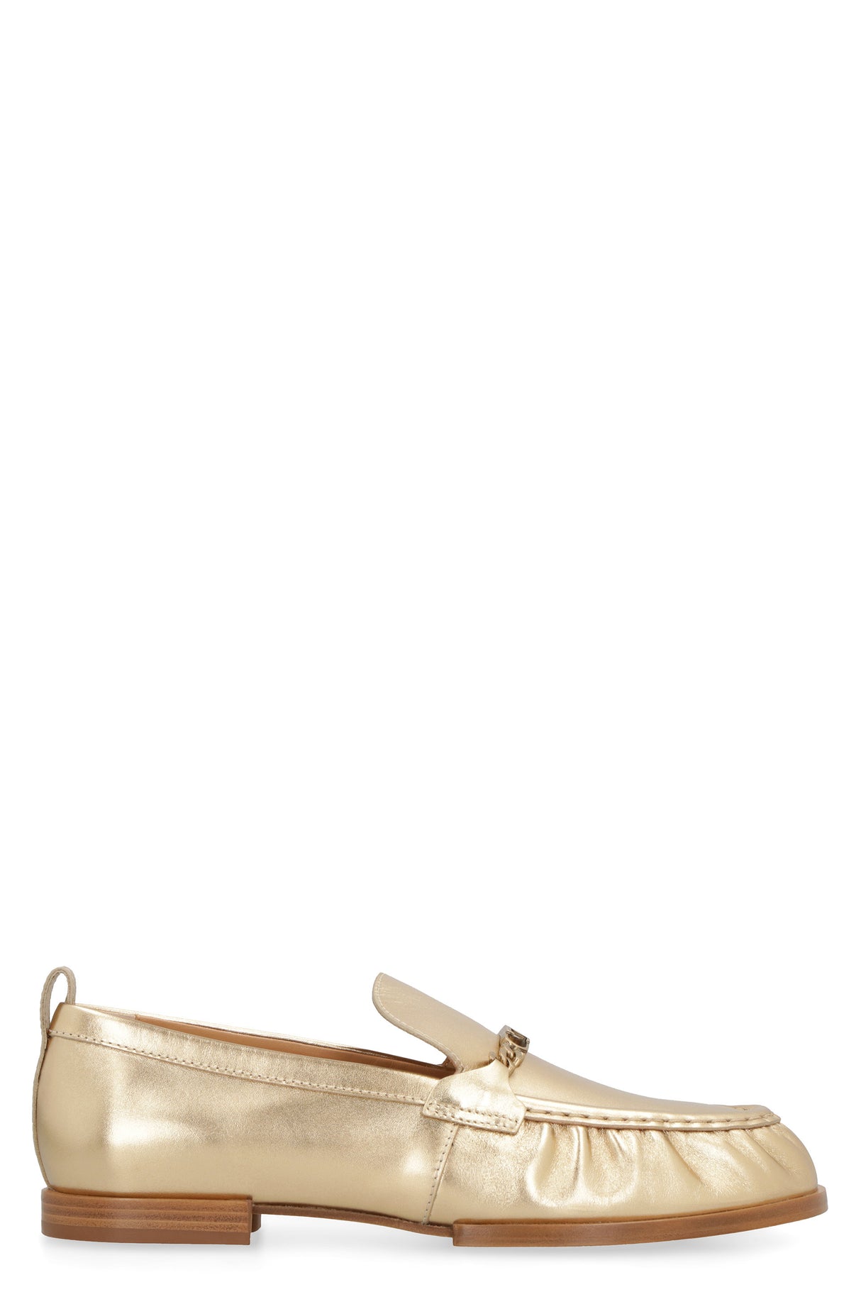 TOD'S GOLD METALLIC LOAFERS WITH GATHERED DETAIL & HORSEBIT ACCENTS FOR WOMEN