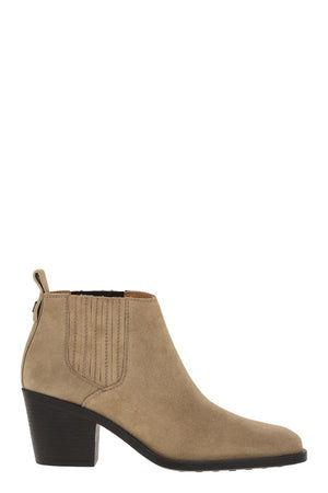 TOD'S Chic Suede Ankle Boot with Elastic Accents and Monogram Detail, Heel 7 cm