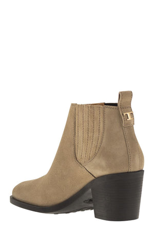 TOD'S Chic Suede Ankle Boot with Elastic Accents and Monogram Detail, Heel 7 cm