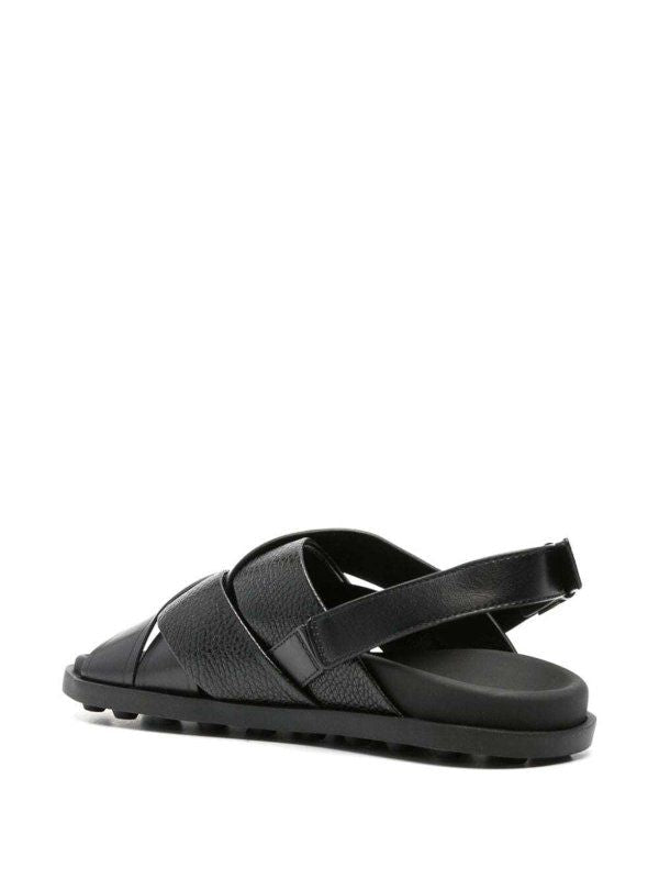 TODS Women's Black Leather Sandals with Crossed Straps and Timeless Buckle