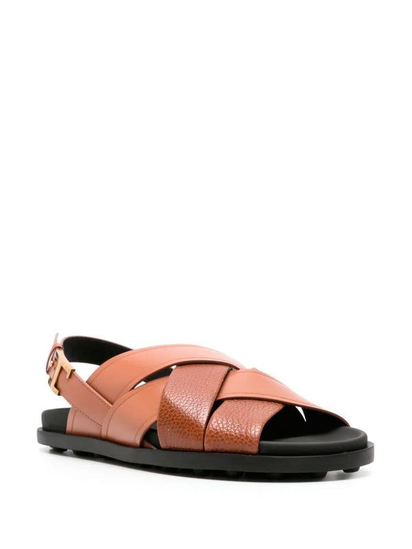 TODS Brown Leather Sandals with Crossed Straps and Timeless Buckle