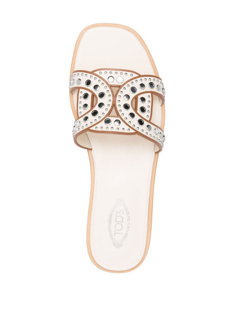 TOD'S Studded Leather Flat Sandals - Cream White/Camel Brown
