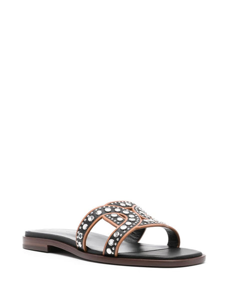 TOD'S Leather Flat Sandals with Stud Embellishment and Cut-Out Logo Strap