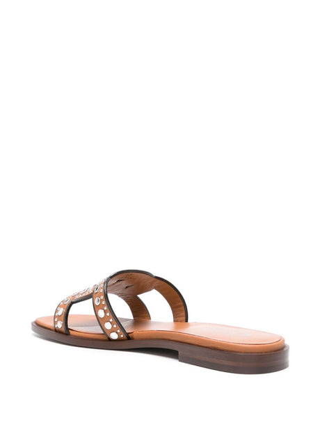 Square Toe Brown Leather Stud Sandals for Women
