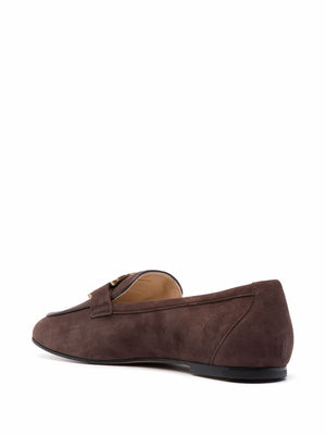 Dark Brown Suede Chain-Plaque Loafers for Women