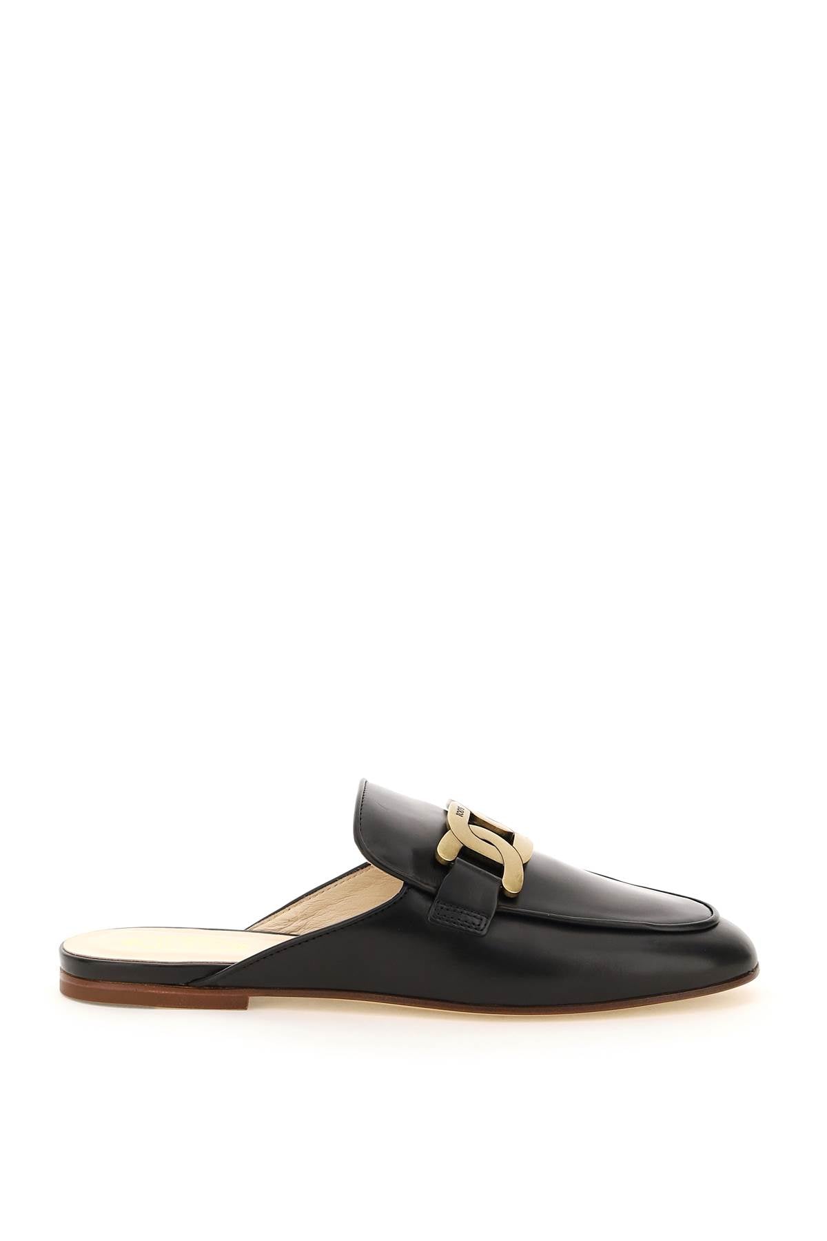 TOD'S Stylish Leather Slides with Antiqued Gold Metal Chain Detail for Women