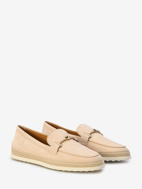 Nude Suede Loafers with Raffia Insert and Double T Ring - Size ITA