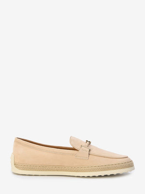 Nude Suede Loafers with Raffia Insert and Double T Ring - Size ITA