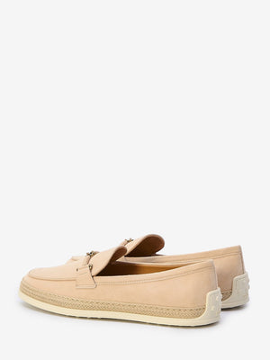 TOD'S Nude Suede Loafers with Raffia Insert and Double T Ring Accessory