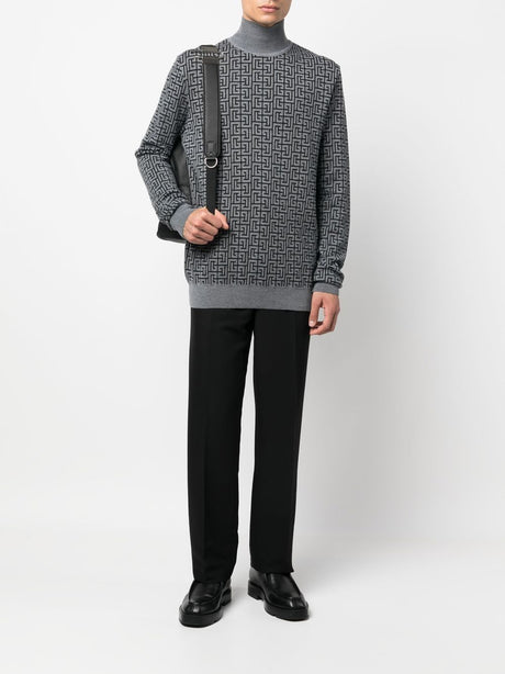 BALMAIN Men's Monogram Turtleneck Sweater in Black and Grey for Fall/Winter 2024