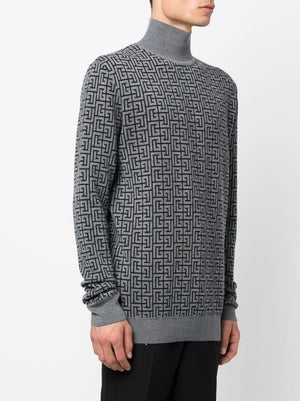 BALMAIN Men's Monogram Turtleneck Sweater in Black and Grey for Fall/Winter 2024