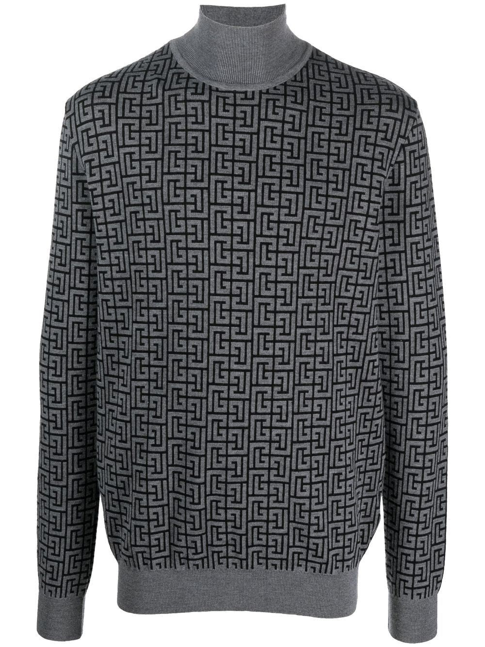 BALMAIN Men's Monogram Turtleneck Sweater in Black and Grey for Fall/Winter 2024