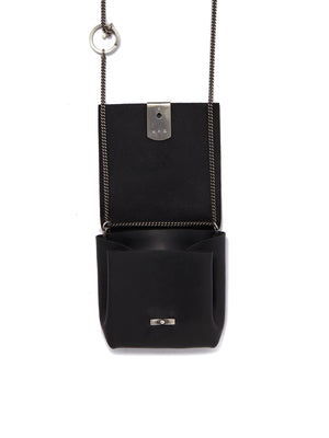 Men's Black Leather Mini Neck Handbag with Silver Chain and Closure