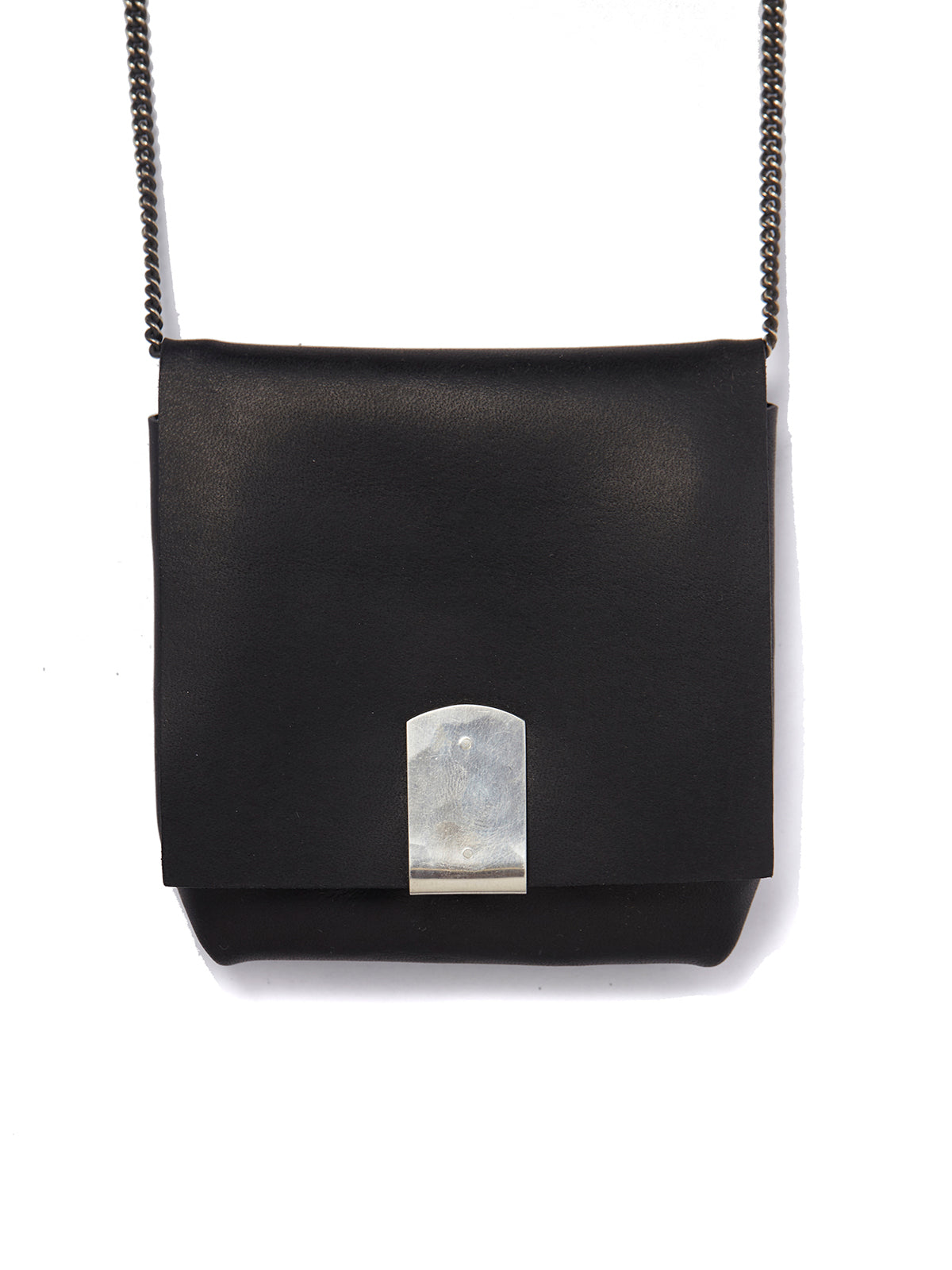 Men's Black Leather Mini Neck Handbag with Silver Chain and Closure