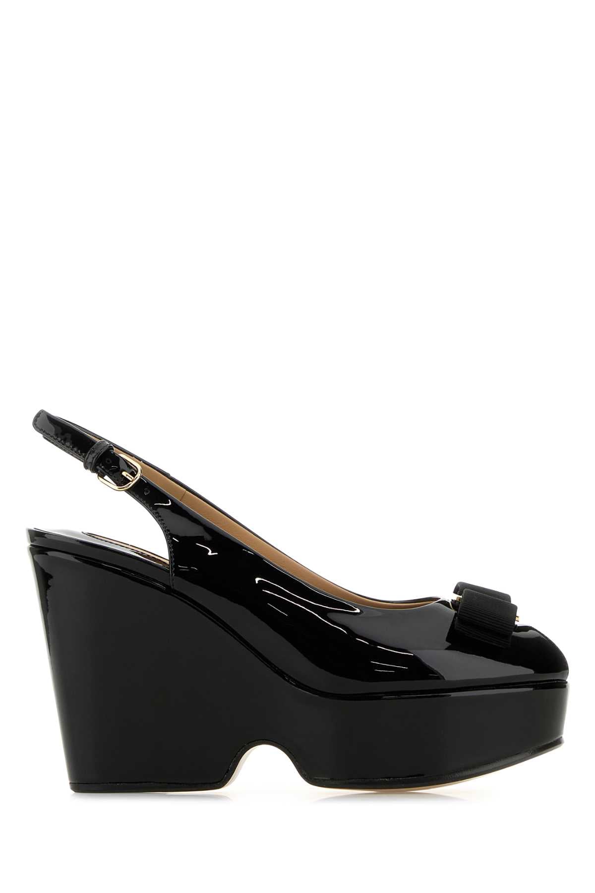 Ferragamo Elegant Black Leather Mini Wedge Sandals with 10.5cm Heel Height