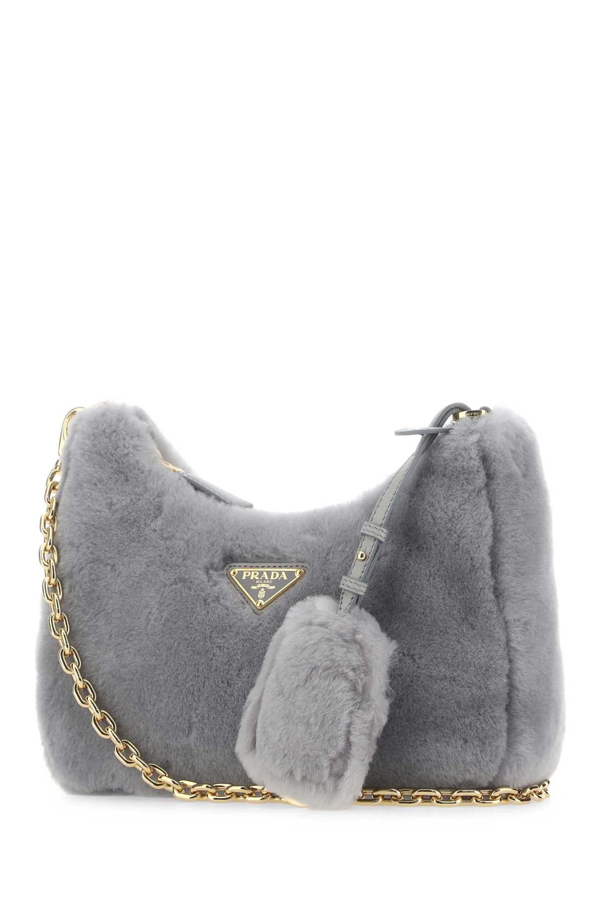 PRADA Mini Light Grey Shearling Shoulder Handbag