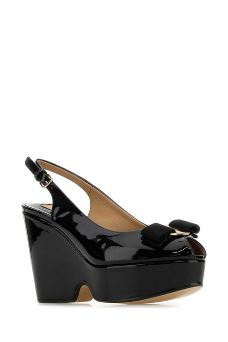 Ferragamo Elegant Black Leather Mini Wedge Sandals with 10.5cm Heel Height