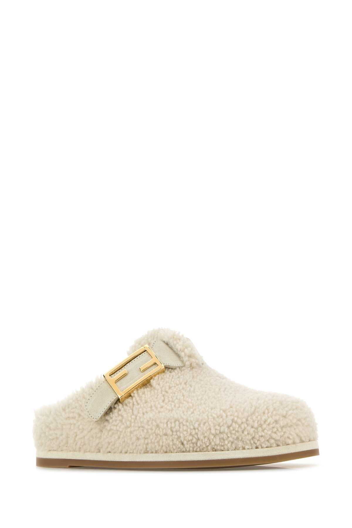 FENDI Ivory Shearling Boston Slippers