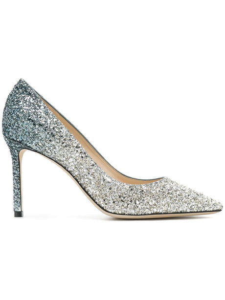 JIMMY CHOO ROMY 85 GLITTERED LEATHER PUMPS