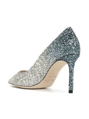 JIMMY CHOO ROMY 85 GLITTERED LEATHER PUMPS