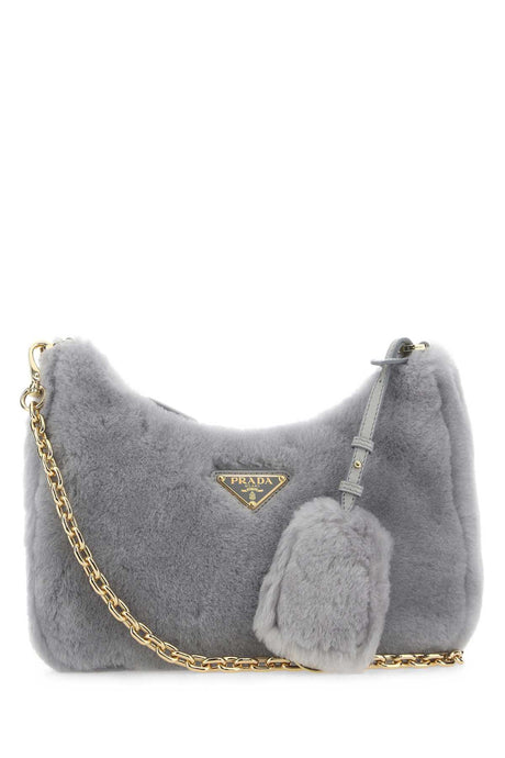 PRADA Mini Light Grey Shearling Shoulder Handbag