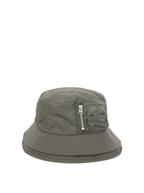 SACAI Green Double Brim Bucket Hat with Zippered Pocket and Embroidered Logo for Men