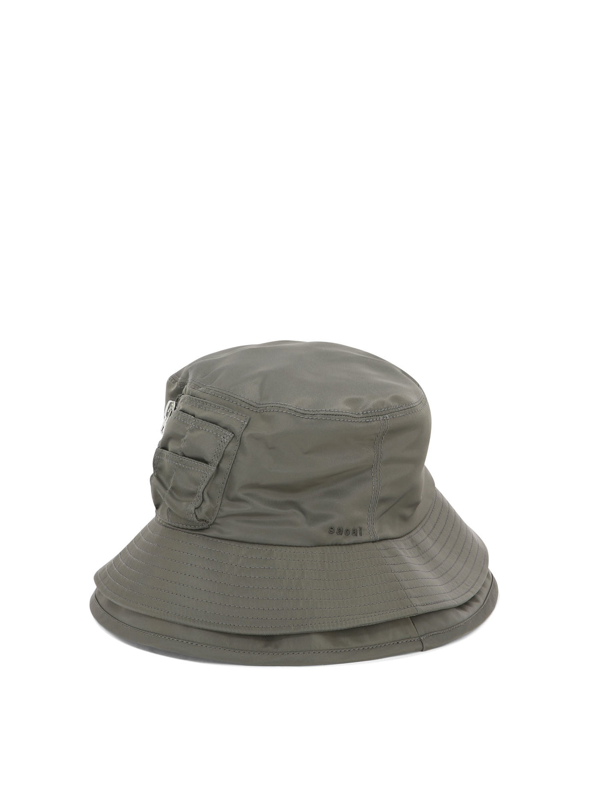 SACAI Green Double Brim Bucket Hat with Zippered Pocket and Embroidered Logo for Men