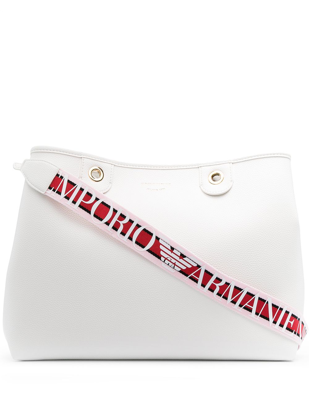 Myea 中型購物手提包：白色紋理手提包，配有標誌肩帶和金色標誌字母