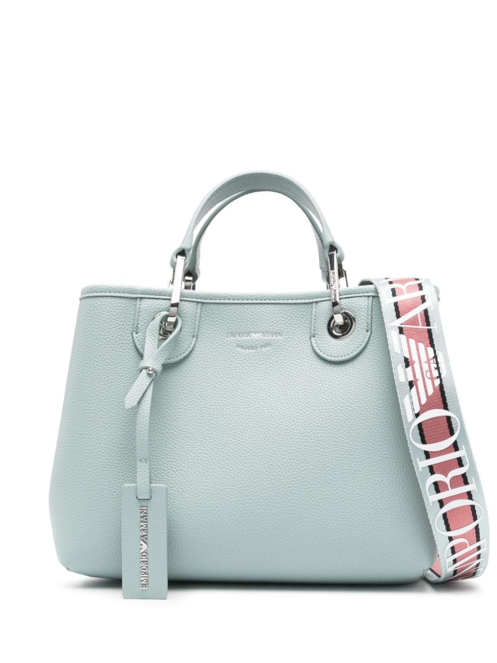 Clear Blue Faux Leather Grained Texture Handbag with Logo Charm and Adjustable Strap