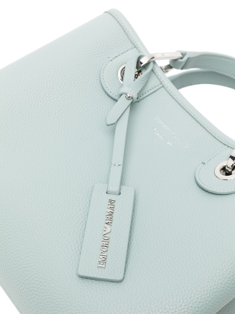 Light Blue Faux Leather Grained Texture Handbag with Logo Charm and Adjustable Strap