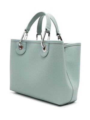 Light Blue Faux Leather Grained Texture Handbag with Logo Charm and Adjustable Strap
