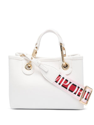 حقيبة يد بطبعة شعار جلد مقلمة باللون الأبيض للنساء